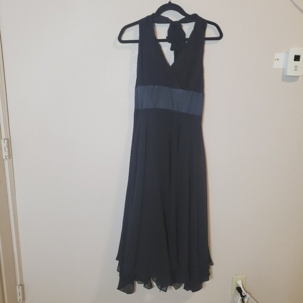 Donna Ricco Black Chiffon Halter Top Dress Deep V Neck Scalloped Hemline